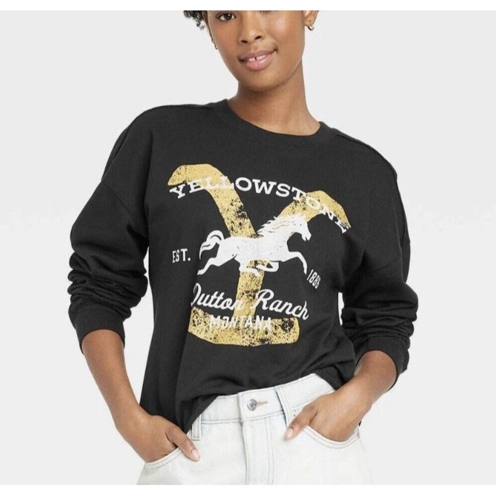 Yellowstone Dutton Ranch Women's Cropped Black Crewneck Sweatshirt Size M